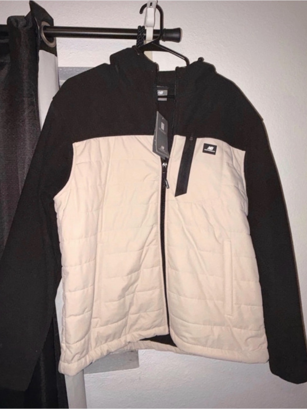 New Balance Two-Tone Quilted Hooded Puffer Jacket in Black and Cream